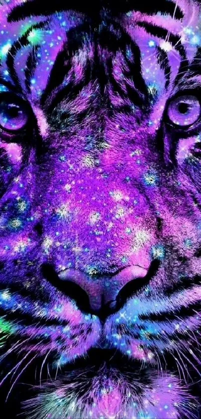 Vibrant neon tiger face with purple and blue glow.