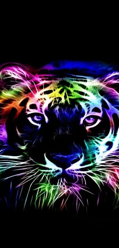 Vibrant neon tiger on black background.