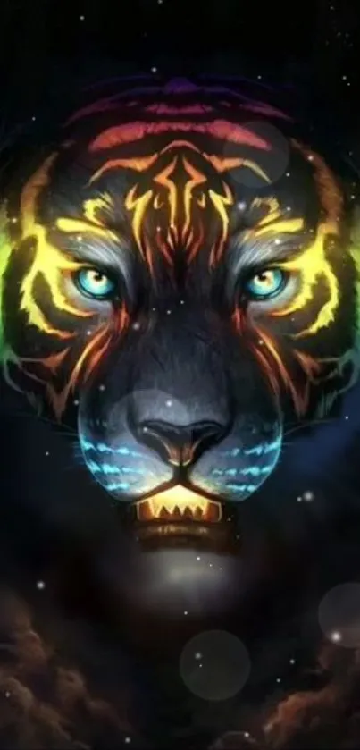 Neon tiger face with glowing colors on a dark background.