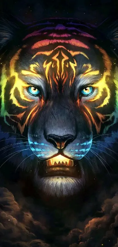 Vibrant neon tiger with glowing eyes, colorful fur, on a dark background.