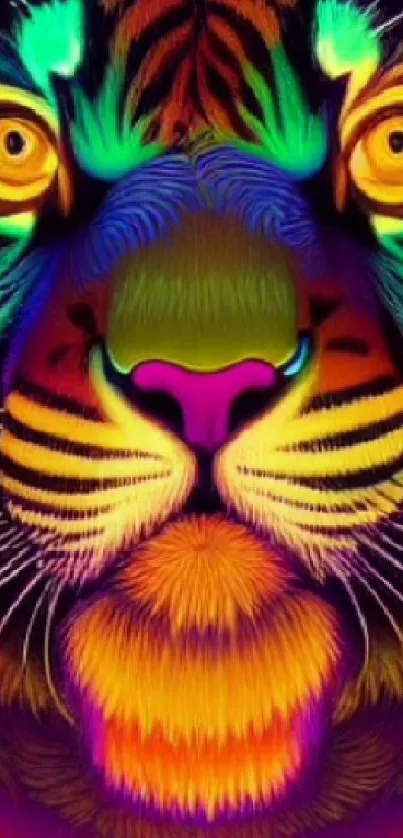 A colorful neon tiger with vibrant hues and artistic design for mobile wallpaper.