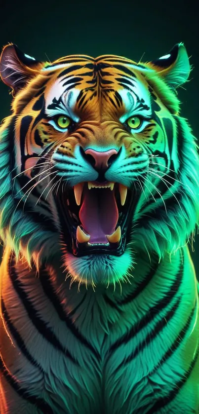 Vibrant neon tiger roaring with glowing colors.