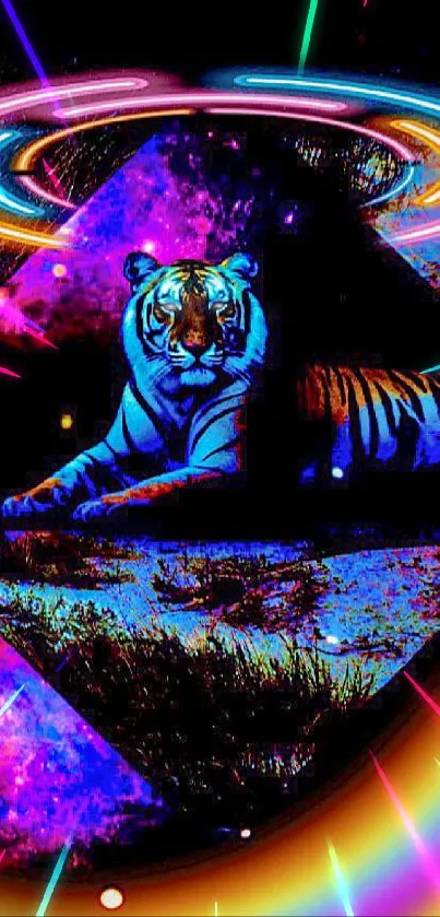 Vibrant neon tiger with cosmic background.