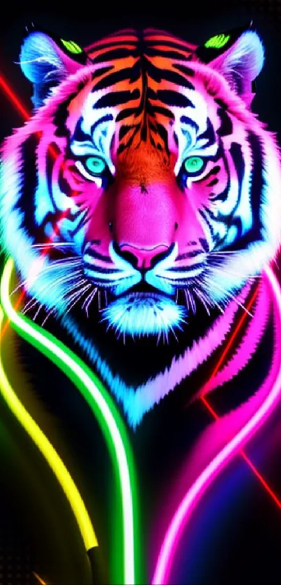 Vibrant neon tiger with colorful glowing stripes on a dark background.