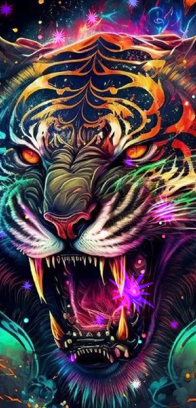 Vibrant neon tiger art with colorful flames and intricate details.