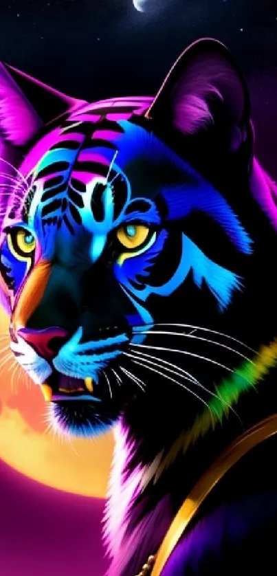 Neon tiger artwork with vibrant colors under a moonlit sky.