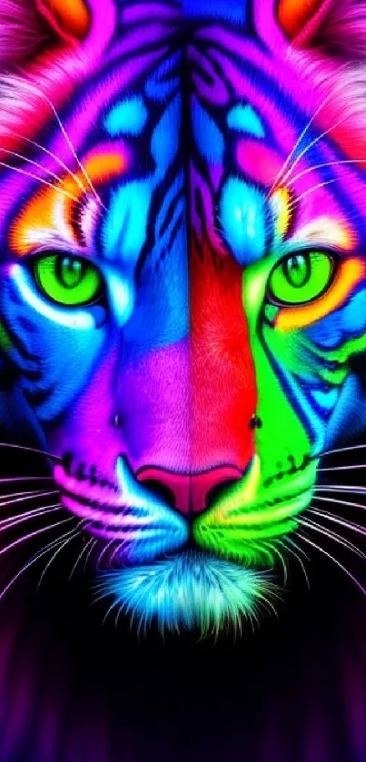 Vibrant neon tiger with colorful hues in an artistic digital design.