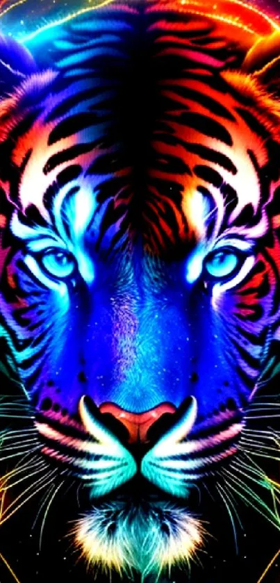 Vibrant neon tiger face with colorful cosmic design.