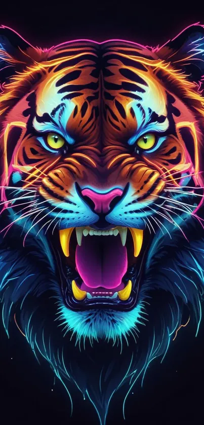 Neon tiger roaring with vibrant colors and intense expression.