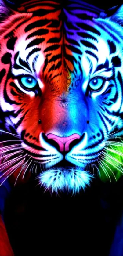 Colorful neon tiger wallpaper with vibrant stripes and shades of blue and red.