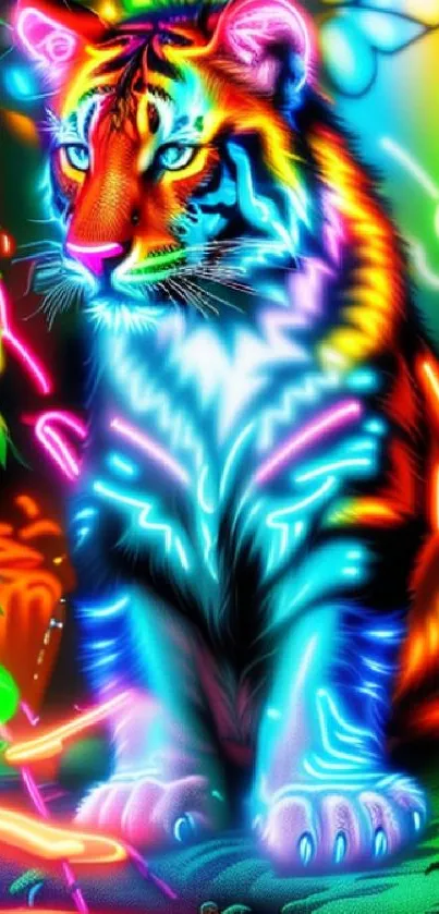 Vibrant neon tiger in blue and green hues for mobile wallpaper.