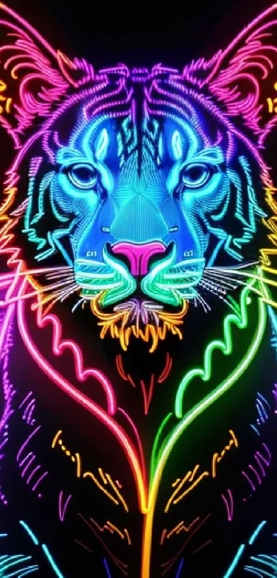 Vibrant neon tiger with glowing outlines on a black background.