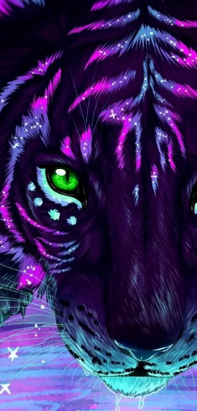 Neon tiger illustration with green eyes and vibrant purple hues.