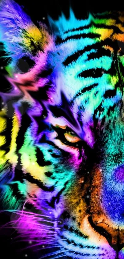 Vibrant neon tiger with colorful stripes on a black background.