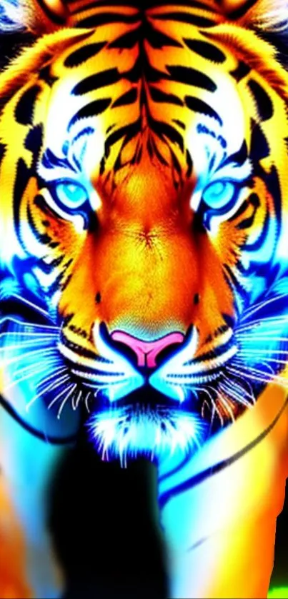 Vibrant neon tiger with bold colors on a mobile phone wallpaper.