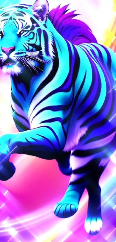 Neon tiger with colorful swirls in vibrant wallpaper.