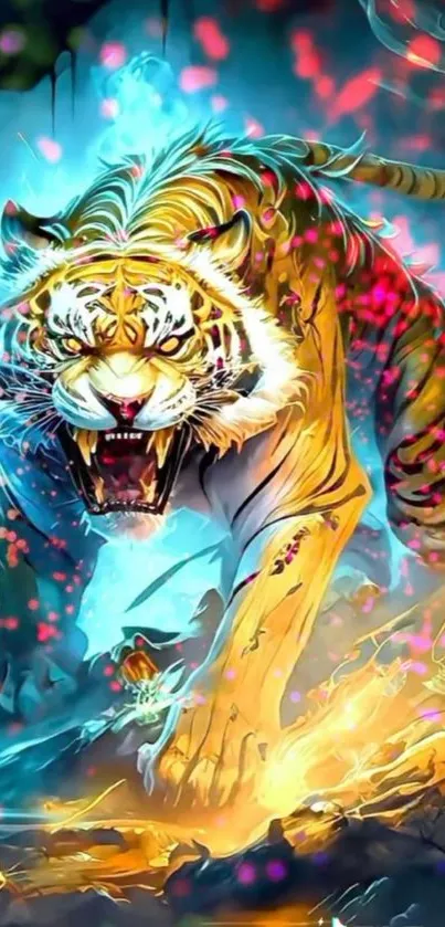 An artistic neon tiger roars in dynamic colors on this vibrant mobile wallpaper.