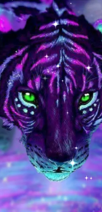 Purple neon tiger with green eyes and glowing effects.