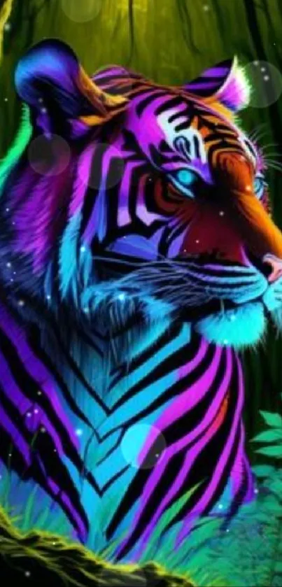 A vibrant neon-colored tiger in a lush forest setting.