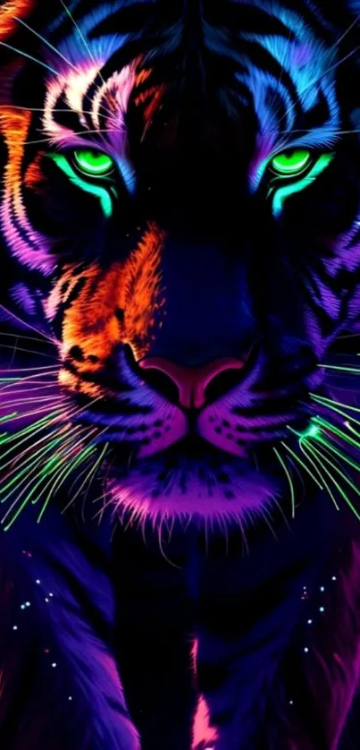 Neon tiger with vibrant glowing colors on dark background.