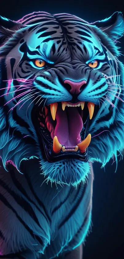 Fierce neon tiger with glowing blue fur and sharp eyes.