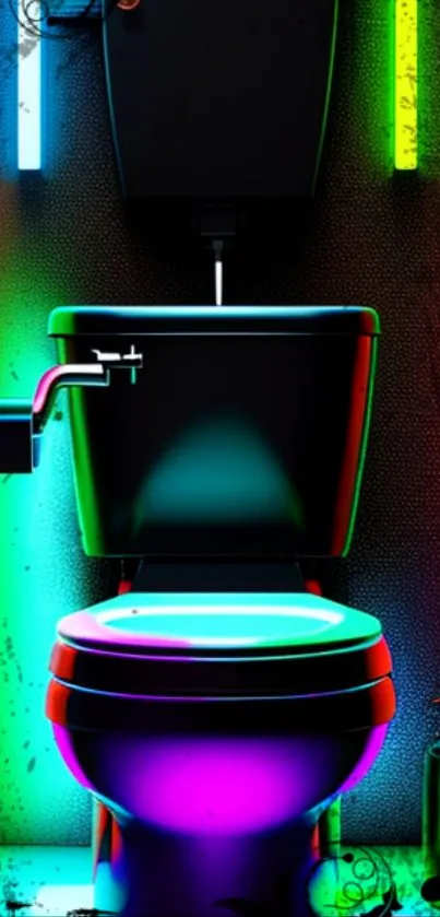 A toilet with vibrant neon lights in a colorful artistic design.