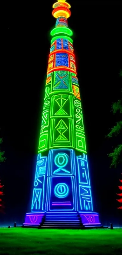 Colorful neon tower art on black background.