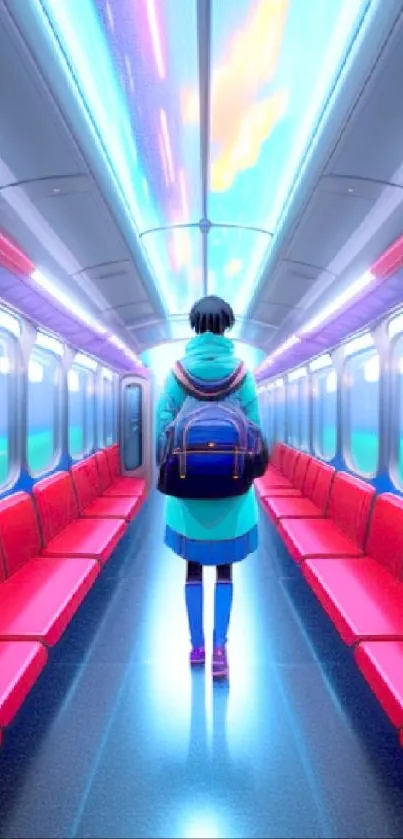 Neon-lit subway with lone traveler in vibrant colors.