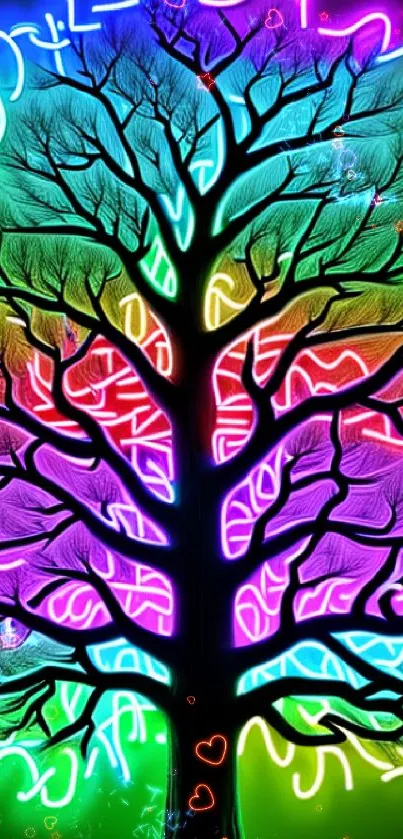 Vibrant neon tree with colorful glow silhouette on a dark background.