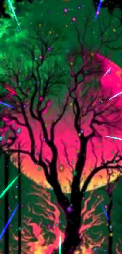 Vibrant neon tree with glowing moon and light trails.