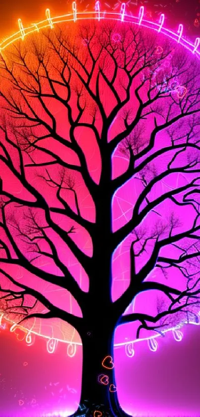 Vibrant neon tree with a magenta glow and intricate branches on a dark background.