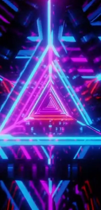 Vibrant neon triangles in electric blue and pink hues creating a futuristic look.