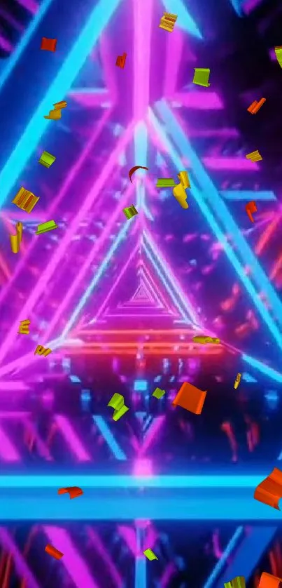 Vibrant neon triangle art with confetti accents.