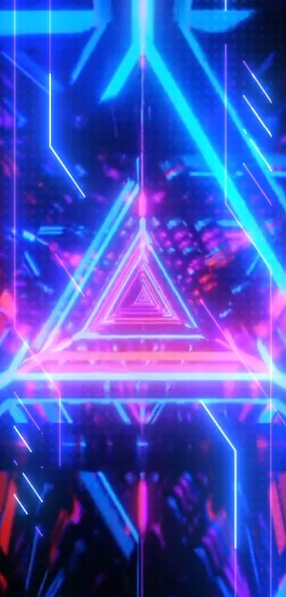 Neon triangle design in vibrant blue and pink hues for a phone wallpaper.