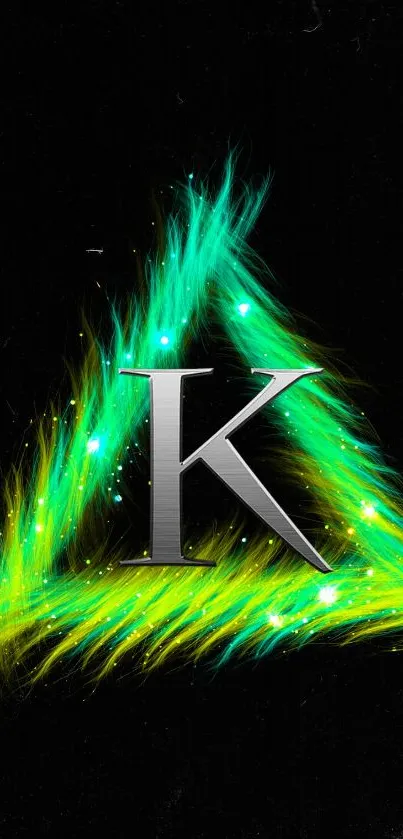 Neon triangle with letter K on black background.