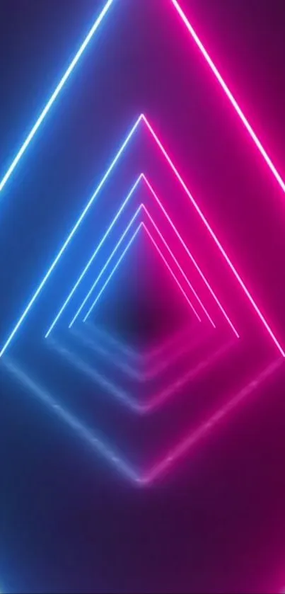 Dynamic neon triangle tunnel in pink and blue.