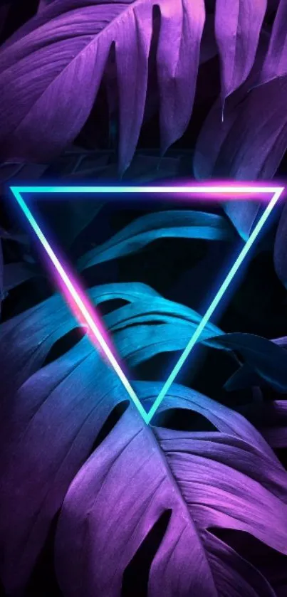 Neon triangle overlaid on lush purple tropical leaves.