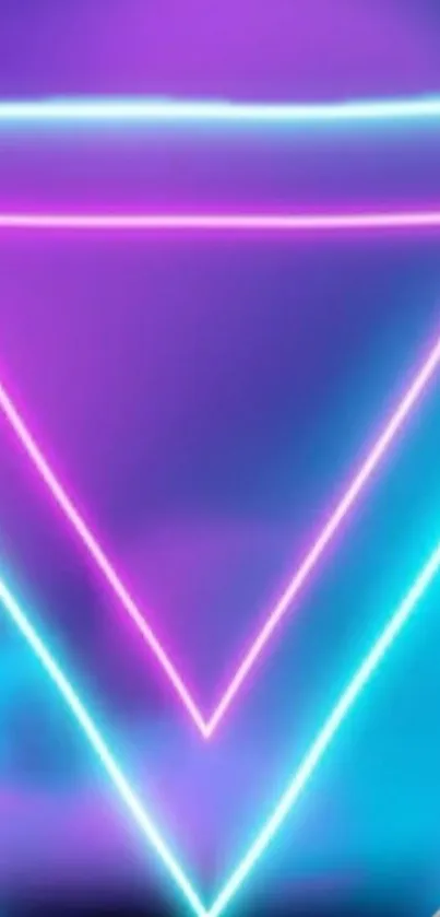 Blue and purple neon triangle design on a mobile wallpaper.