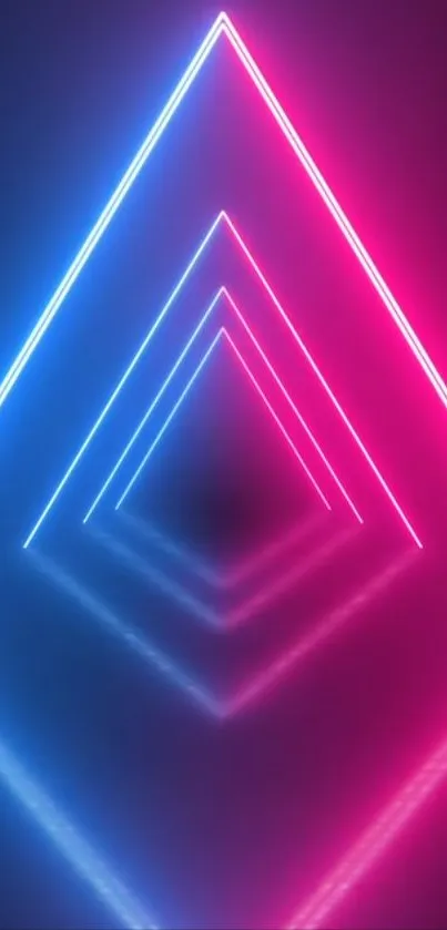 Neon triangle wallpaper with vibrant pink and blue lights reflecting symmetrically.