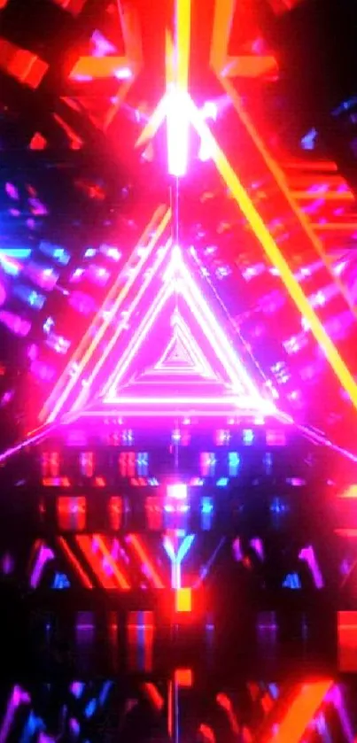 Vibrant neon triangle wallpaper with dynamic red and blue lights creating a futuristic effect.