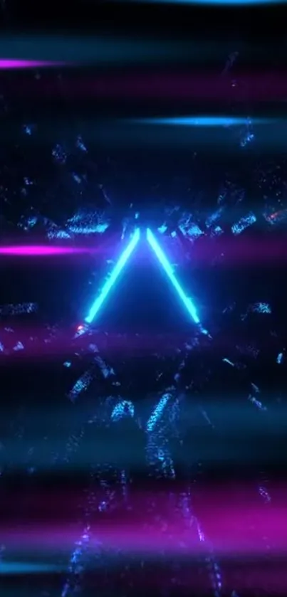 Vibrant neon triangle wallpaper with blue and pink lights.