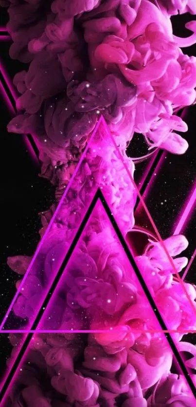 Vibrant neon triangle with pink smoke on black background.