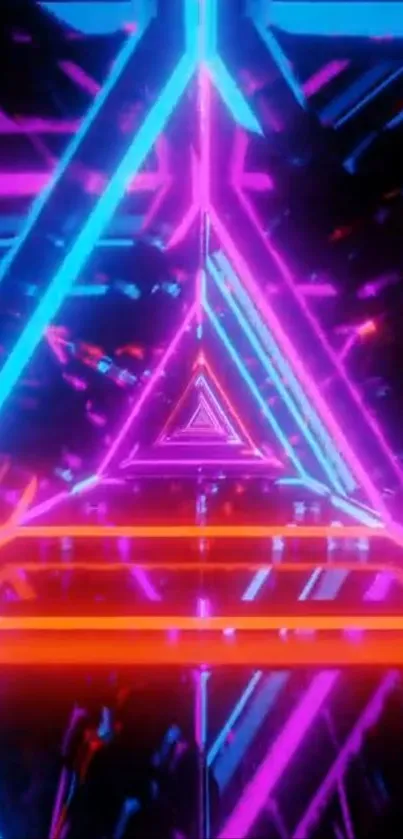 Neon triangular tunnel with vibrant pink and blue glowing lights.