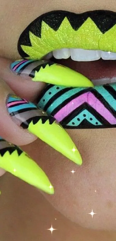 Vibrant neon tribal design on lips and nails, showcasing bold and colorful art.