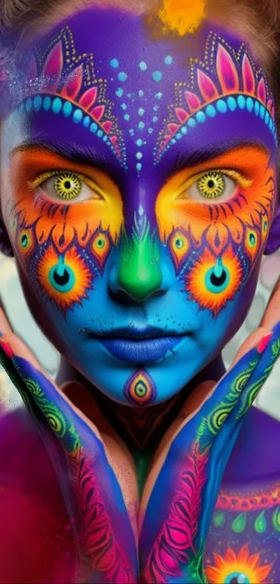 Vibrant neon tribal face art with striking colors.