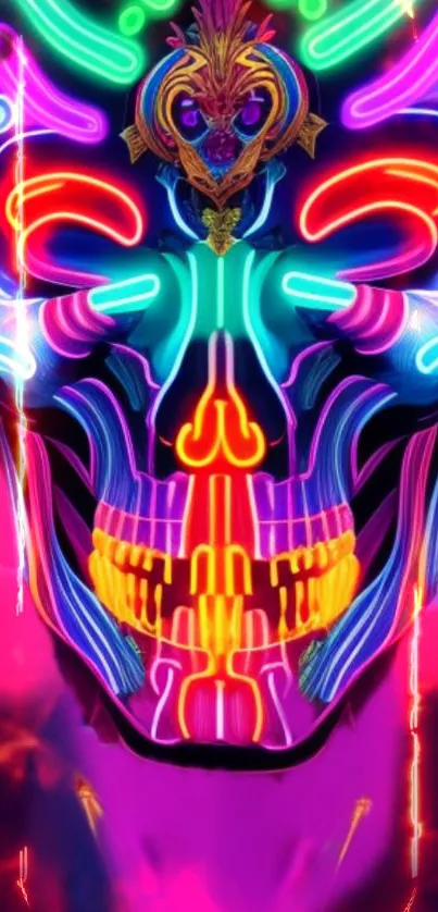 Vibrant neon tribal skull with intense magenta and intricate design.