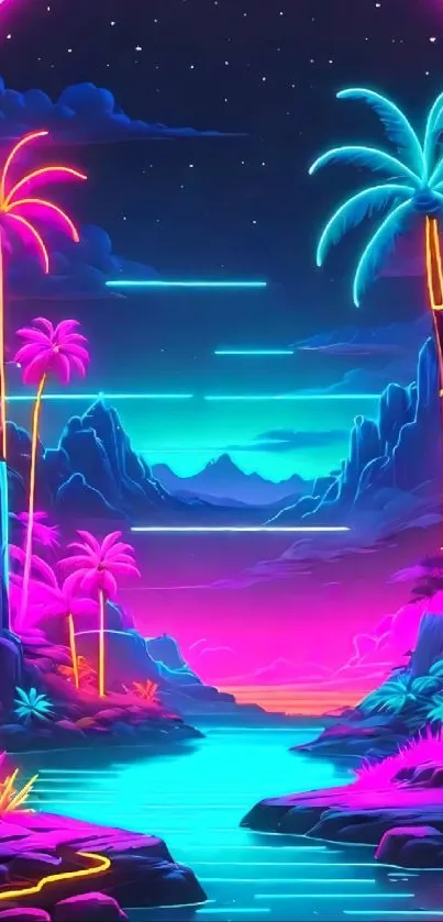 Vibrant neon tropical landscape with palm trees and river at twilight.