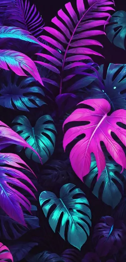 Vibrant tropical leaves with neon colors.