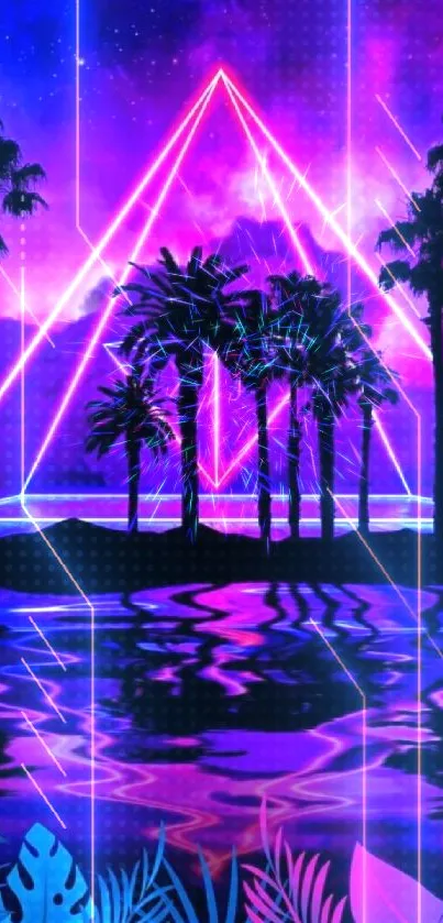 Vibrant neon tropical wallpaper with pink, blue, and purple hues.