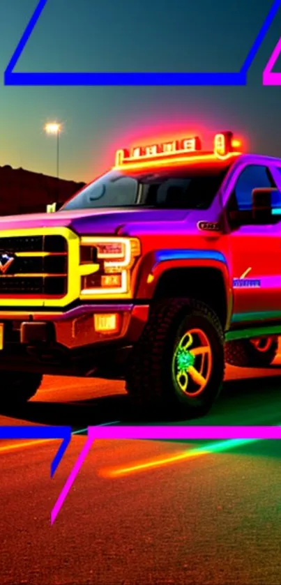 Vibrant neon truck with bold colors and dynamic lighting, perfect for mobile wallpaper.